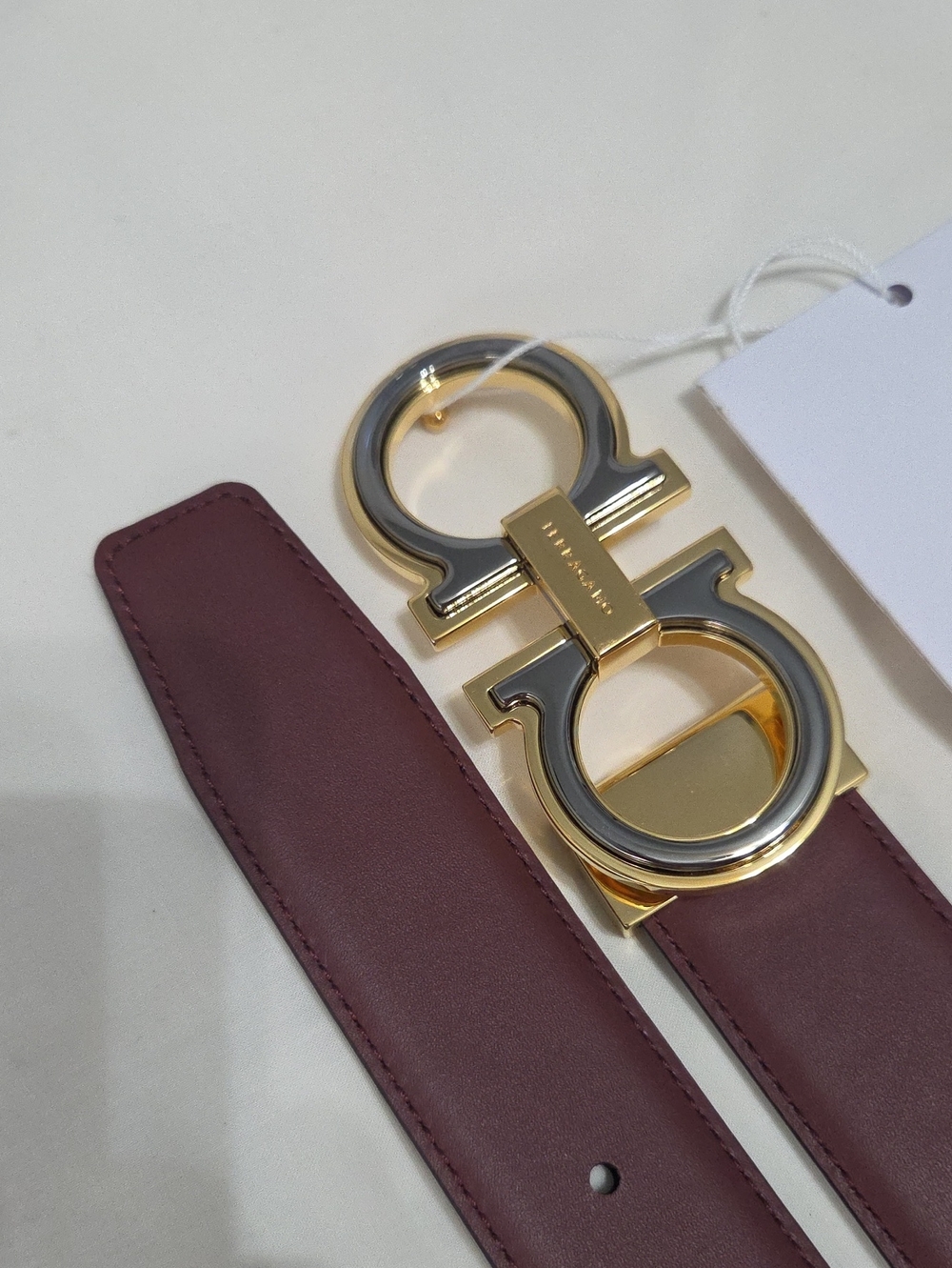 Salvatore Ferragamo Red & Black Leather Belt Gold Silver Double Gancini Buckle